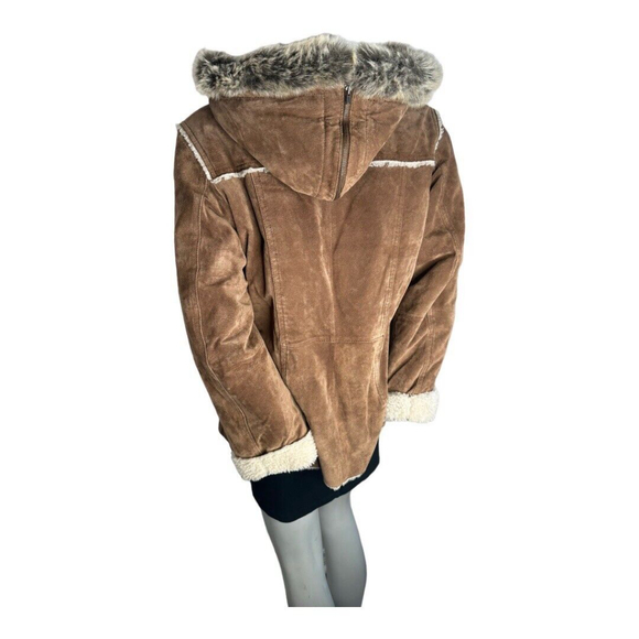 Danier Brown Suede Sherpa Lined Faux Fur Trim Hooded Jacket Size Small - Picture 3 of 5